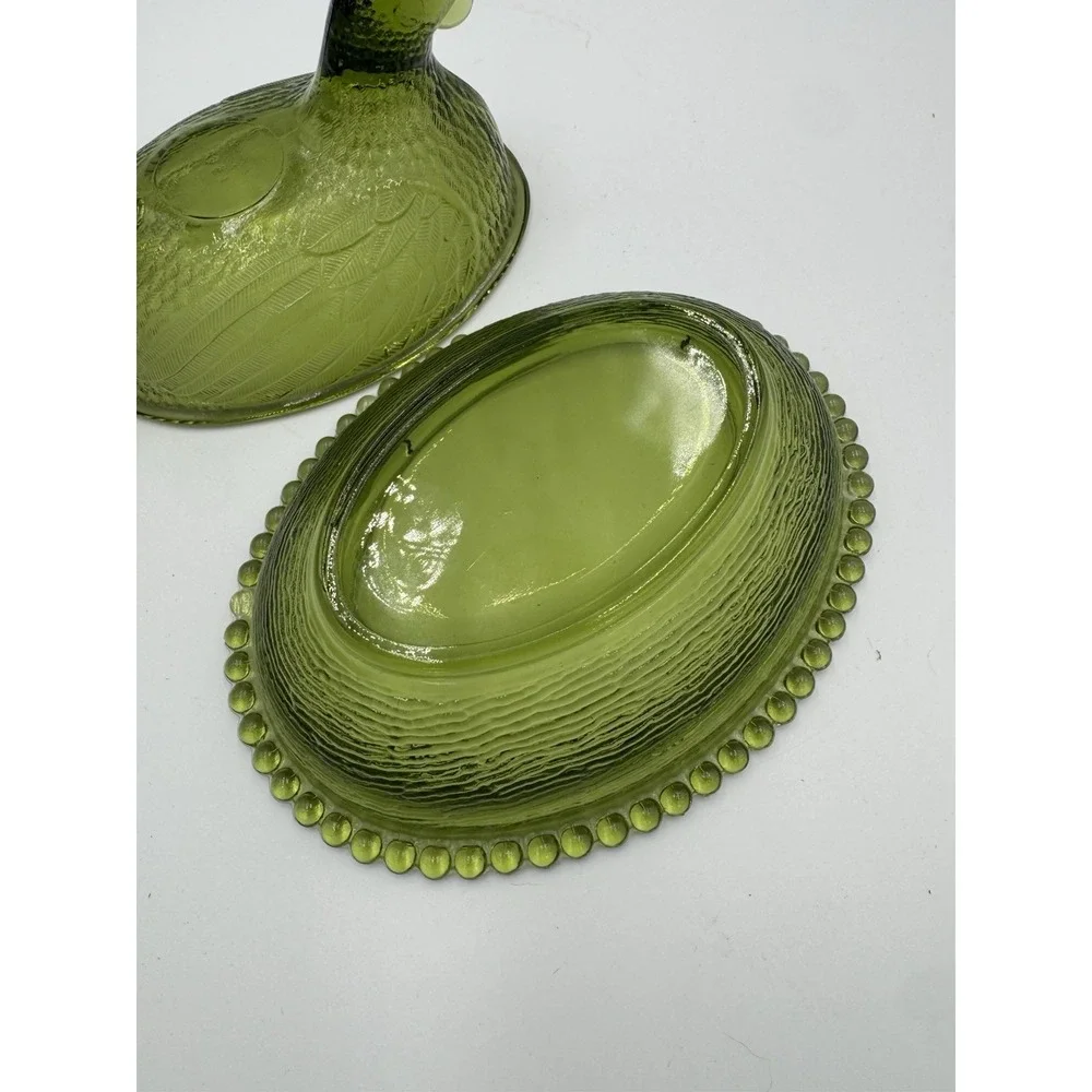 Vintage Indiana Olive Green Glass Hen on Nest Dish w/ Lid Oval Beaded Base